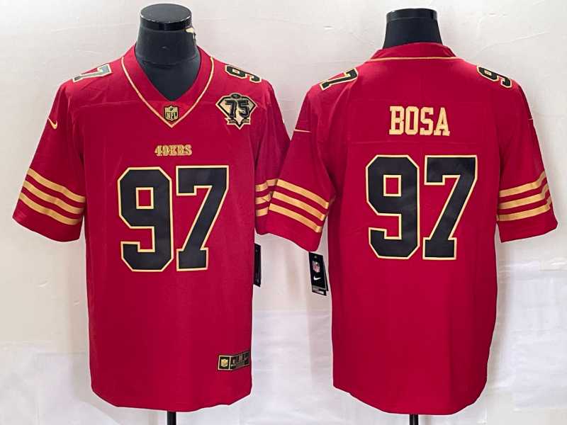 Men%27s San Francisco 49ers #97 Nick Bosa Red 75th Patch Golden Edition Stitched Nike Limited Jersey